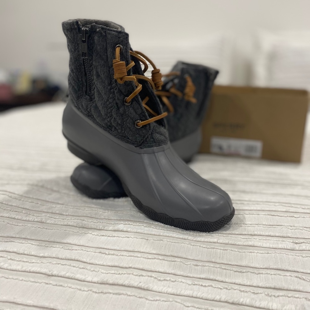 Sperry Gray Duck Boots with Brown Laces
